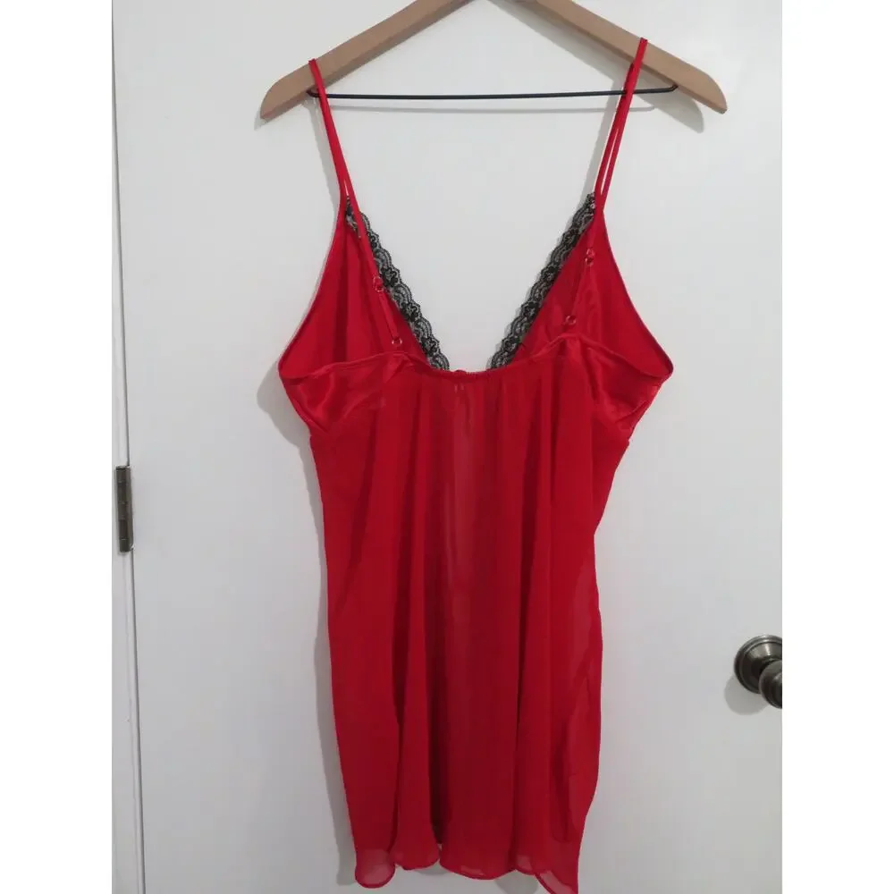 Secret Treasures Sz L Red Sheer Floral Embroidered Chemise Slip Y2K Romantic